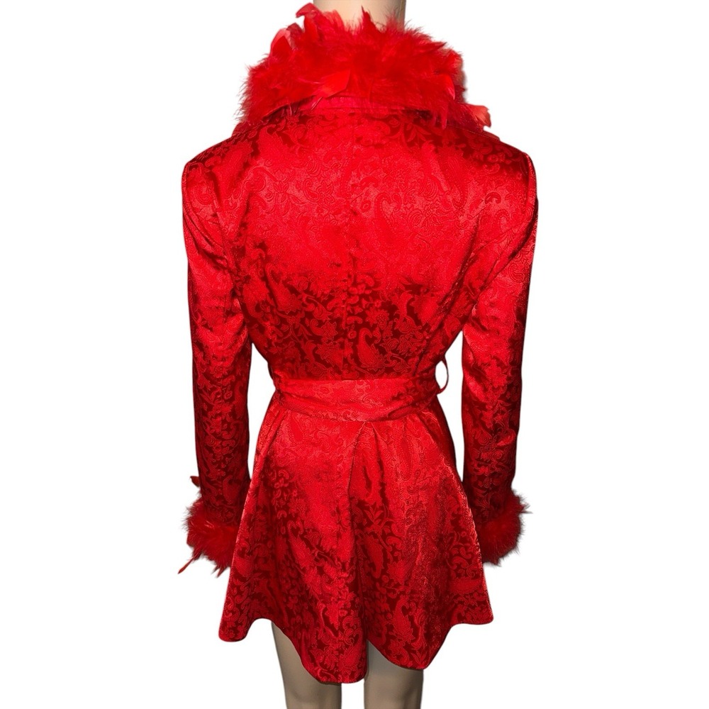 New Dolls Kill Sugar Thrillz Spicy Crushes Brocade Coat Red Feather Trim‎ Dancer - Picture 6 of 16